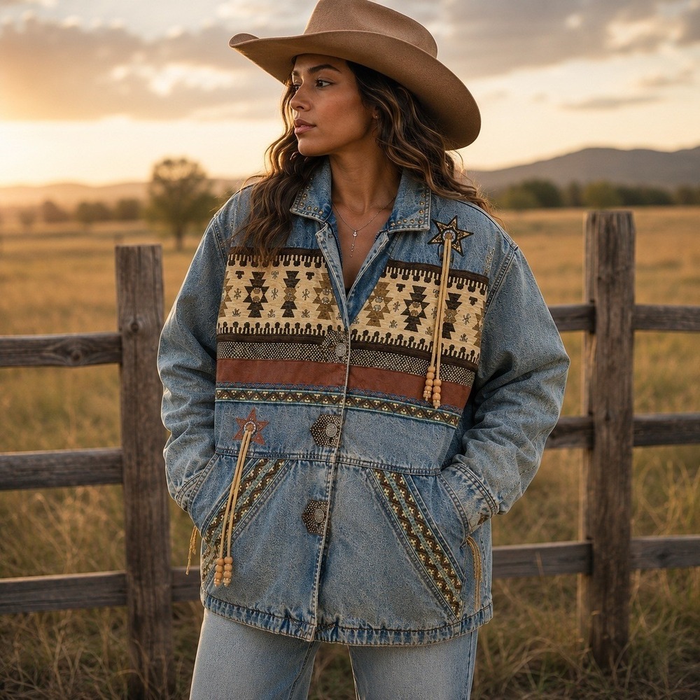 Vintage 220 Hickory Womens Small Southwestern Aztec Denim Jacket Leather Trim